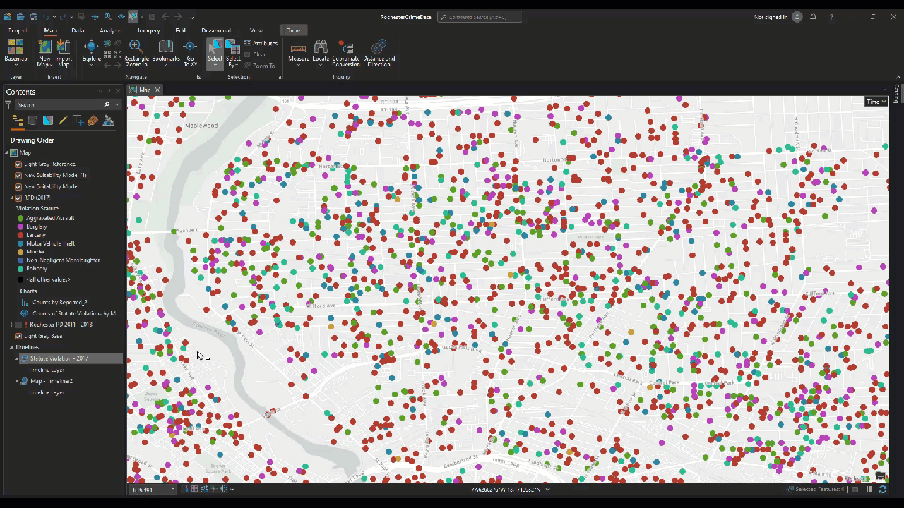 Multicolored dots representing data from multiple sources, with corresponding analysis below representing an analyzed map