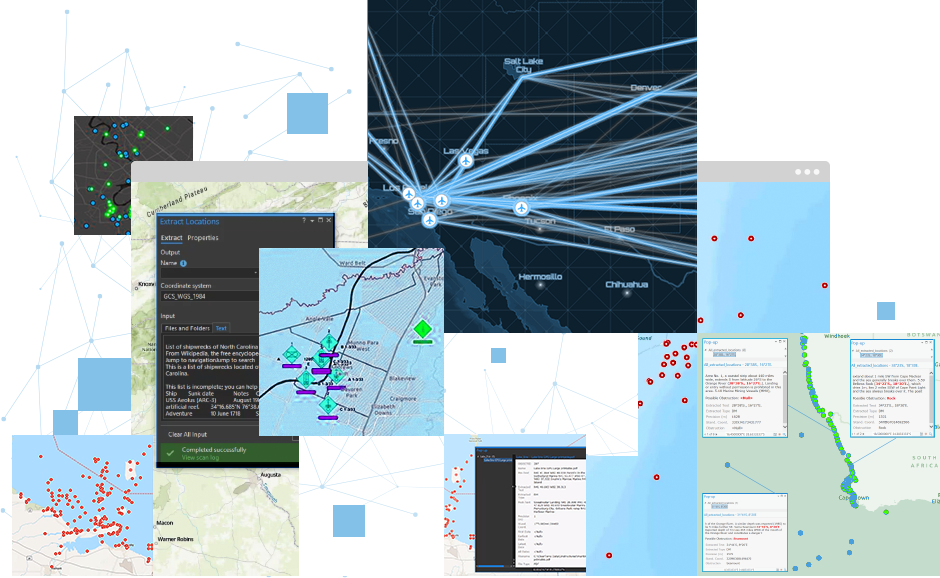 A series of maps with scattered data points showing airport origin and destinations for COVID-19 tracking