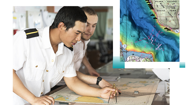 Vector chart and two men in white Navy uniform