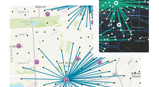 Two street maps with circular icons of a shopping cart, data points, and starburst lines shooting in multiple directions