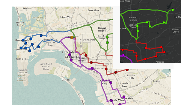 Map of San Diego with routes highlighted in green, purple, and blue next to a closeup image of east San Diego