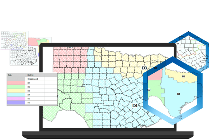 A laptop displaying a map of county borders in Texas highlighted by district in red, blue, yellow, and green overlaid with other maps and a spreadsheet identifying districts by color