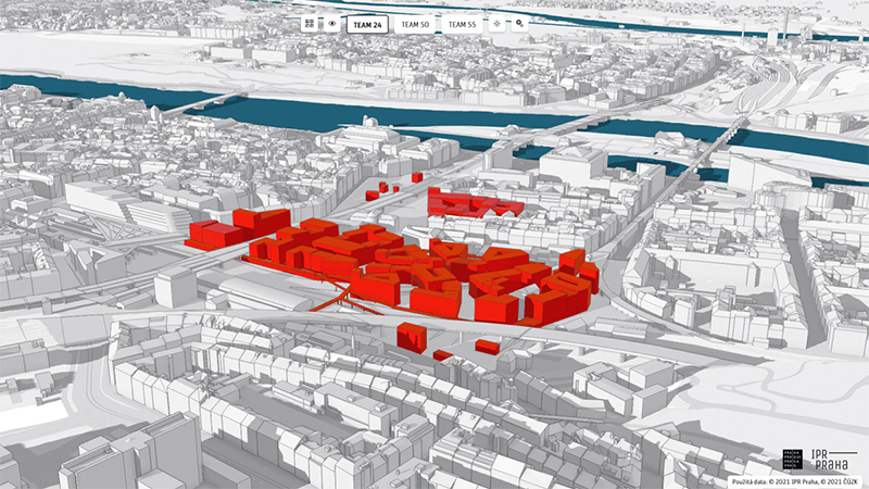 A 3D rendering of Prague shows selected buildings in red while others remain white. 