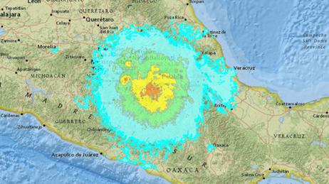 Map of the area around Puebla, Mexico showing different colors to represent the earthquake's impact