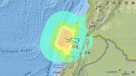 Map of the earthquake off the coast of Muisne, Ecuador using different colors to represent the impact