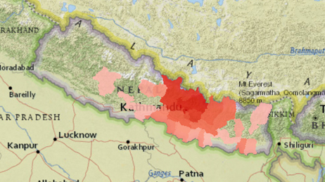 Map showing an area of Nepal with red areas showing where injuries and fatalities occured