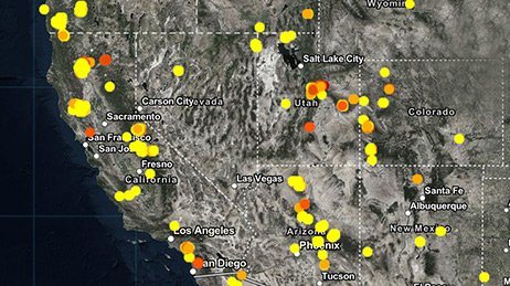 Map showing dots representing current fires in California