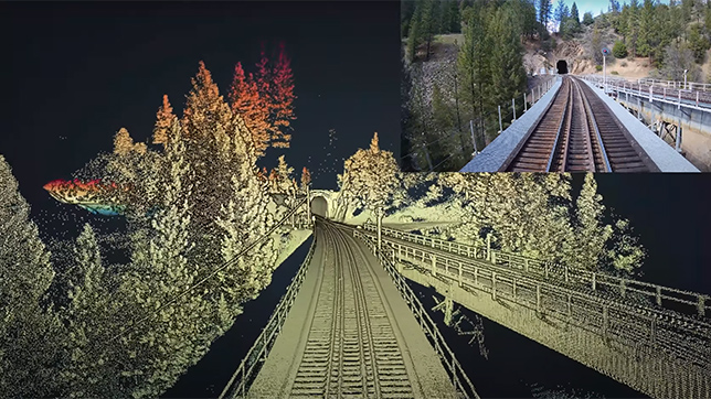 Photo of a train approaching a mountain tunnel, and the same photo taken with lidar imagery