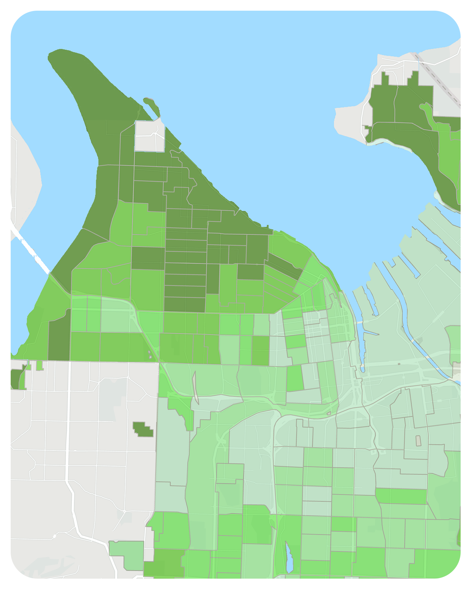 A map of a coastal area with land segmented by different shades of green 