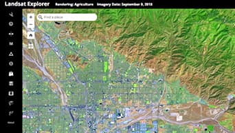 Landsat satellite image of Redlands, CA showing a rendering of agriculture.