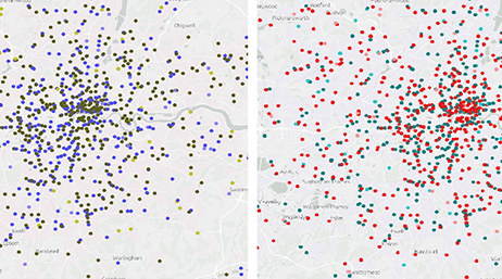 Two side-by-side maps in beige, one with scattered points in blue and the other in red