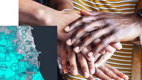 A close up of a diverse group of hands placed one on top of the other, overlayed with a square teal and gray map of Chicago, Illinois
