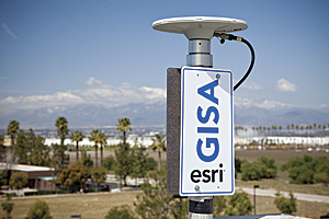 The Esri GPS base station, GISA, is mounted to a building In Redlands, California.