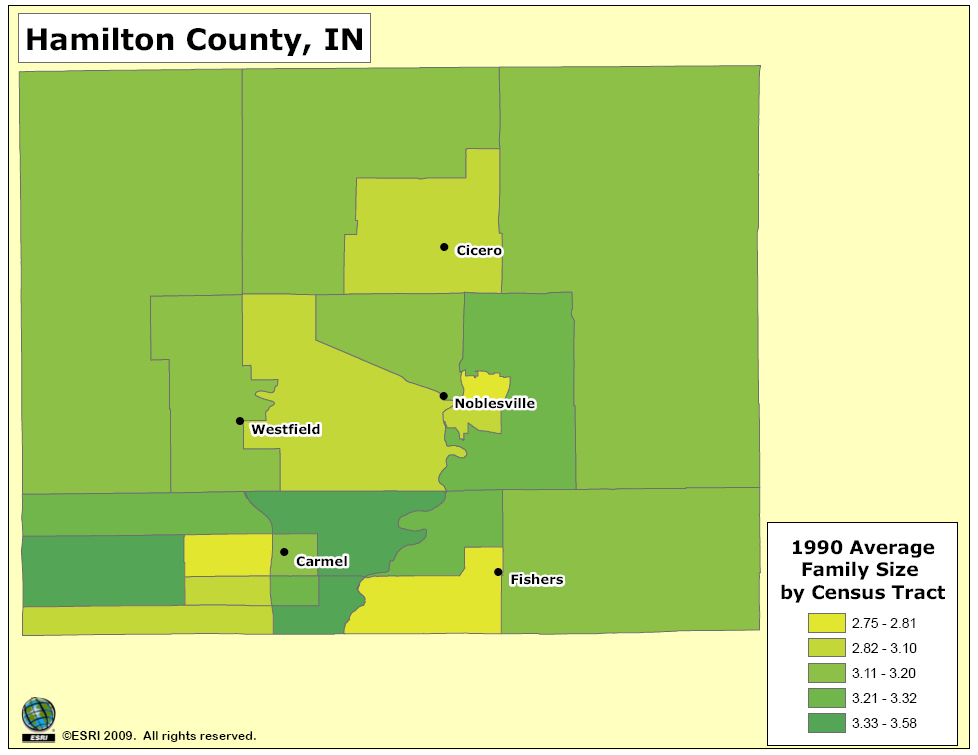 Family Size by Census Tract in Hamilton County, Indiana