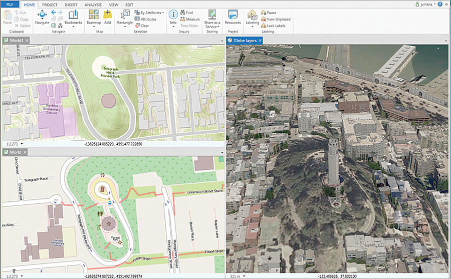 The multipane views in ArcGIS Pro let you compare changes and edit side by side in 2D and 3D.
