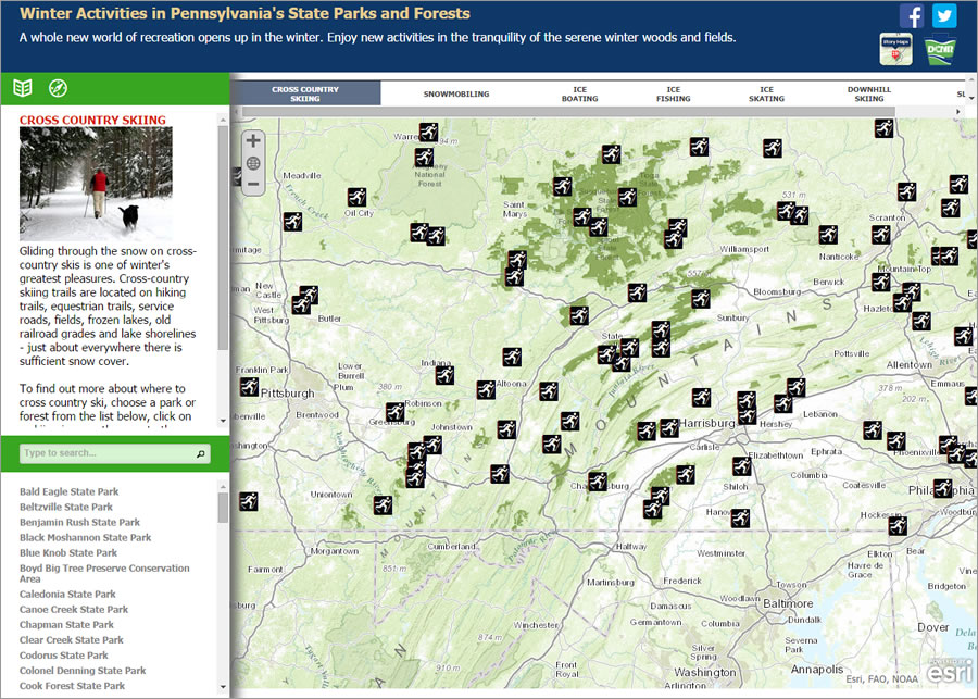 This winning story map shows popular winter recreational spots in Pennsylvania.