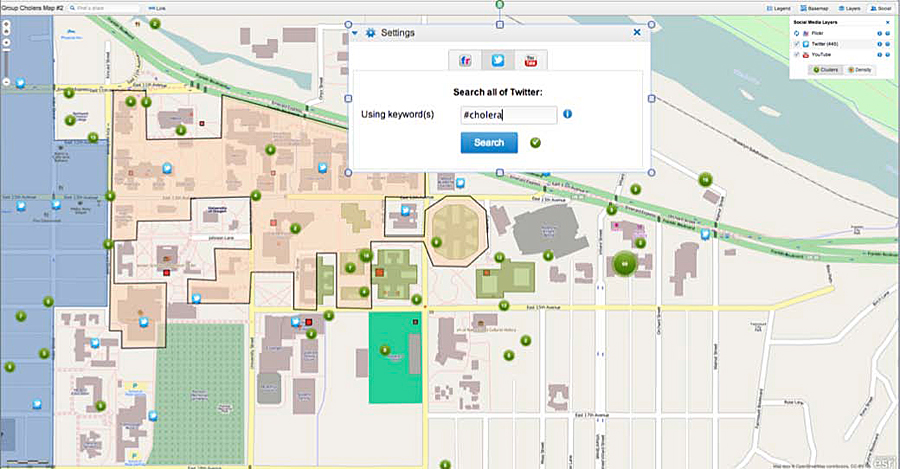 Campus map demonstrating the location of Tweets that were posted by course staff who were simulating students infected with cholera.