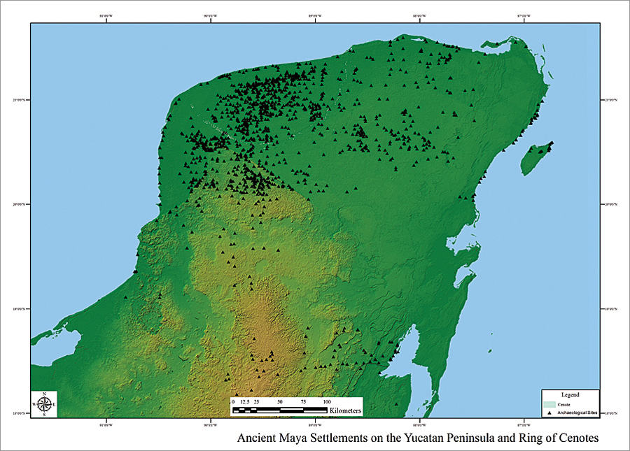 Maya sites in the study with cenotes marking the buried rim of the Chicxulub impact crater plotted over SRTM elevation data in ArcGIS.