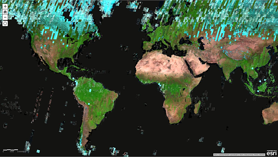 Mosaic of the latest, most cloud-free (but not snow-free) Landsat 8 imagery covering the globe rendered using three different infrared bands 7,6,5.