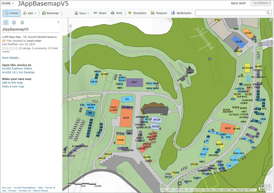 Sarah Linden created this basemap for the Jamboree. It shows the various shops, AT&T Stadium, and areas for archery, volleyball, basketball, bowling, and other activities.
