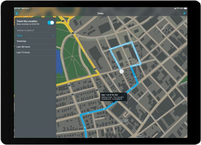 A map on a tablet showing someone’s tracked route