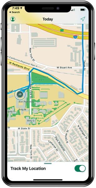 A map on a smartphone showing a fieldworker’s shared location