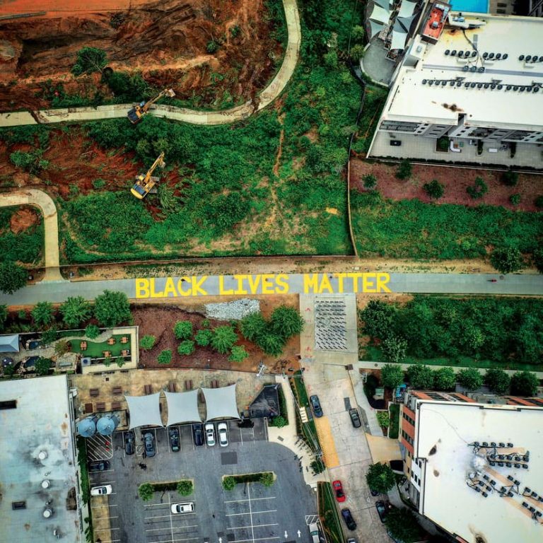 An aerial photo of the Black Lives Matter mural painted on a street in Atlanta, Georgia