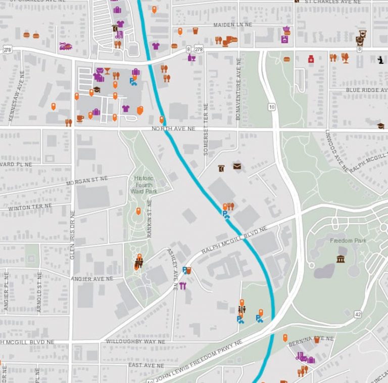 A map of Atlanta’s Eastside Trail that shows a number of restaurants, cafés, and shops in the area