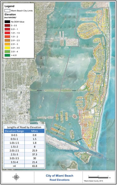 Map of Miami Beach, Florida, showing land, blue water, and data of elevation of roads