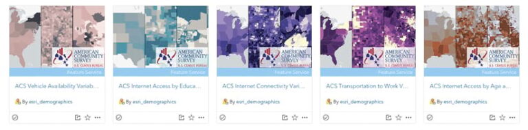 A screen shot shows five boxes, each with a map of a different color, with text below each image showing categories such as ACS Vehicle Availability and ACS Internet Access.