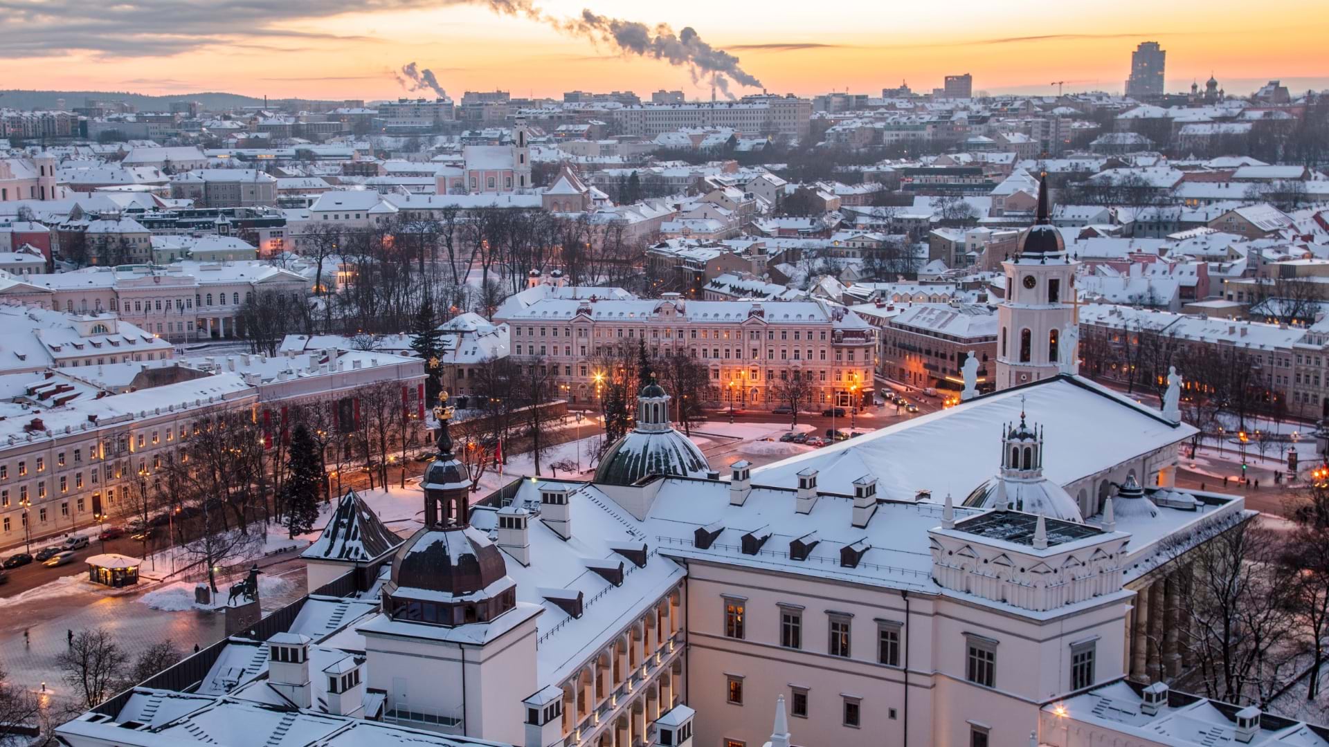 Snowy buildings in downtown Vilnius, Lithuania