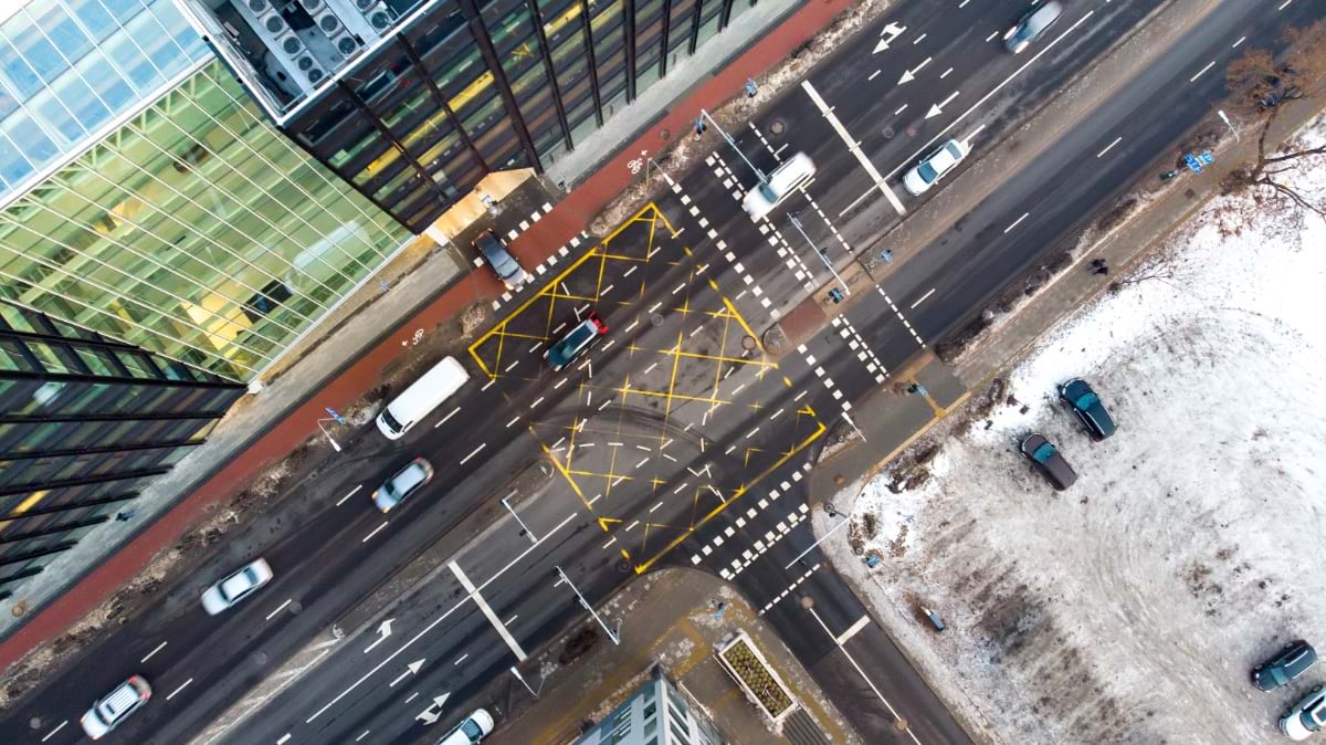 Aerial view of a road intersection in Vilnius, Lithuania, on chilly winter day