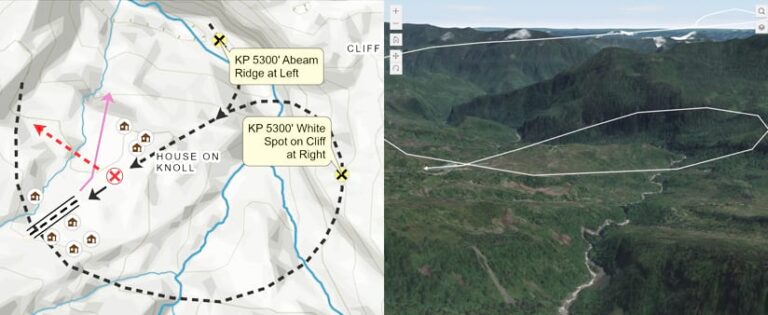 Two side-by-side images show a circular flight approach pattern to a runway in a mountainous area.