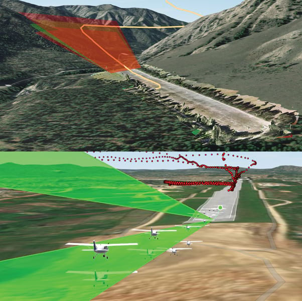 Two stacked images show a flight approach to a runway in a mountainous area.