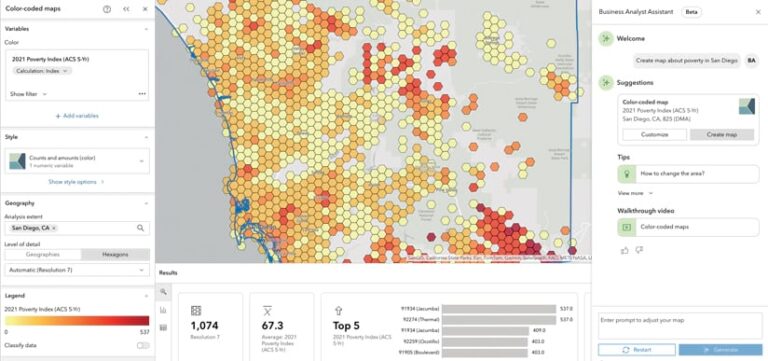 An ArcGIS Business Analyst screen showing a map in the center with red, orange, and yellow polygons, along with an AI assistant to the right of the map that has responses to the query, “Create map about poverty in San Diego,” and map design options to the left of the map