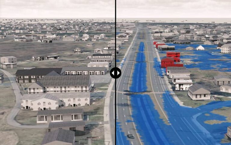 A grayscale 3D view of downtown Crisfield unflooded on the left and, to the right of the swipe arrow, with flooded areas represented in blue, affected buildings represented in red, and unaffected buildings represented in gray