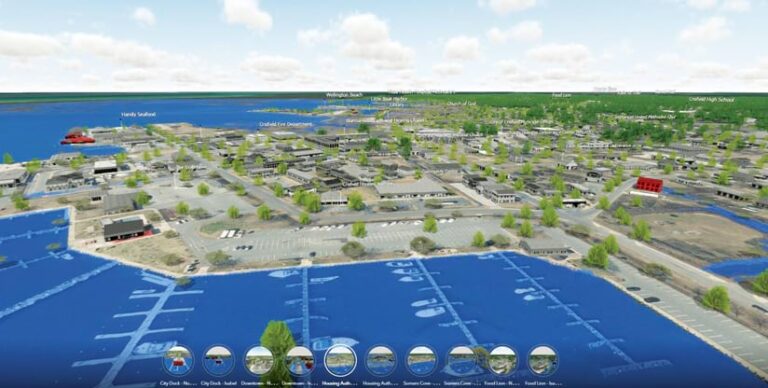 A model showing a 3D view of Crisfield’s waterfront, showing buildings and parking lots in gray and blue floodwaters subsuming the harbor