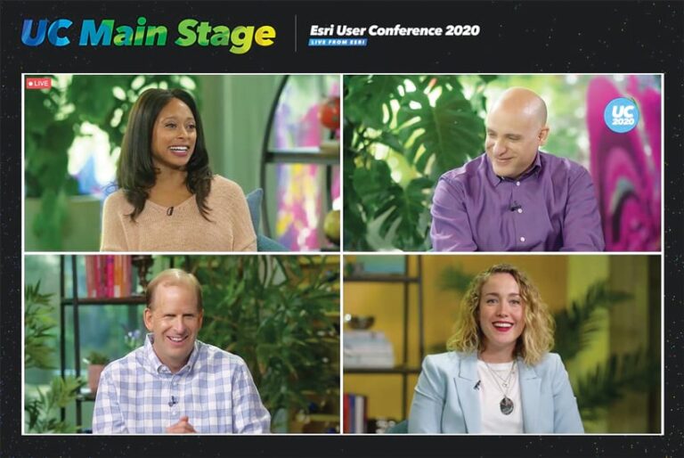 Photos of four people under a heading that reads, UC Main Stage, Esri User Conference 2020.