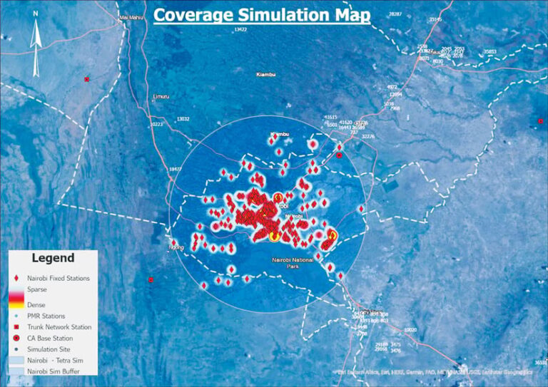 A map shows the words Coverage Simulation Map at the top. The image is colored different shades of blue with meandering white dotted lines and a cluster of red shapes mostly in a circled area in the middle. A white box entitled Legend is in the lower left corner.