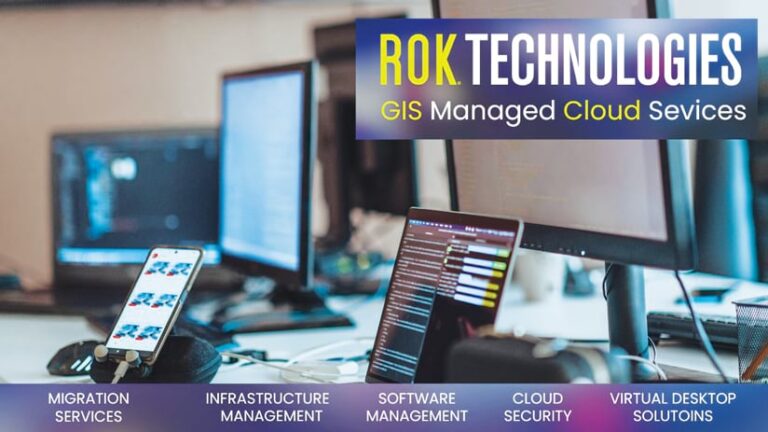 A photo shows computer screens and mobile devices behind a banner that says ROK Technologies: GIS Managed Cloud Services. More specific business services are listed along the bottom of the image.