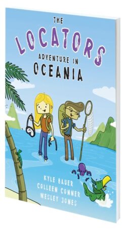 A blue book cover reads The Locators: Adventure in Oceania.