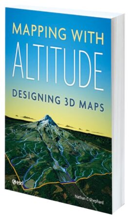 A blue book cover showing a mountain reads Mapping with Altitude: Designing 3D Maps.