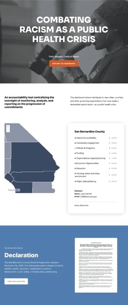 The Combating Racism As a Public Health Crisis website, which shows access to the dashboard, a map of San Bernardino County alongside combating racism stats, and a declaration about racism’s effects on the county