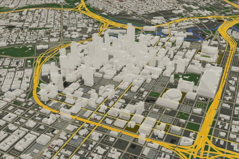 A 3D model of Houston that shows buildings in light gray, highways in yellow, and other flat areas in dark gray and green