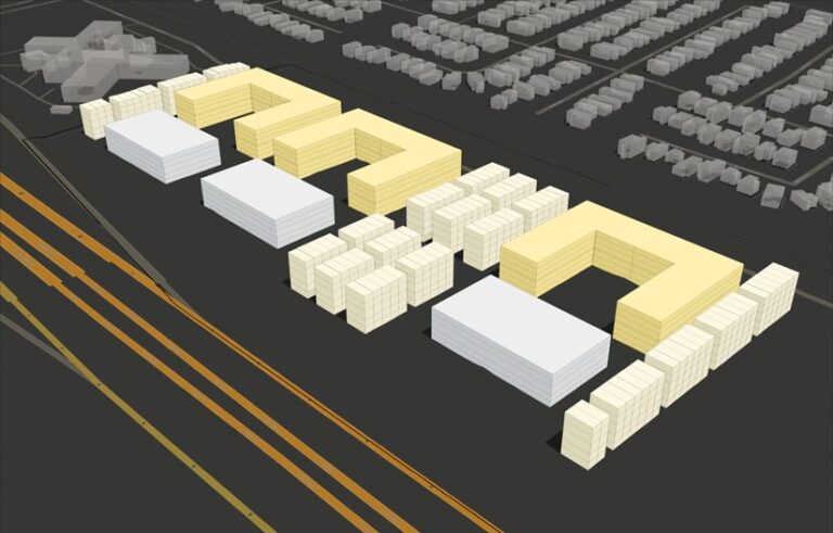 A 3D model of some proposed buildings that shows flat land in dark gray, streets in yellow, existing buildings in light gray, and several multistory buildings in yellow, cream, and white
