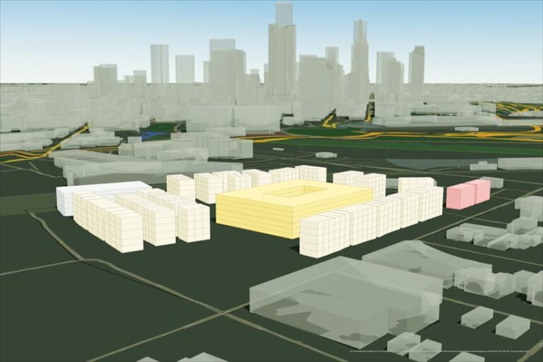 A closer-to-the-ground 3D model of some proposed multistory buildings—shown in yellow, cream, white, and pink—with other nearby buildings in light gray and downtown Houston, also represented in light gray, in the background