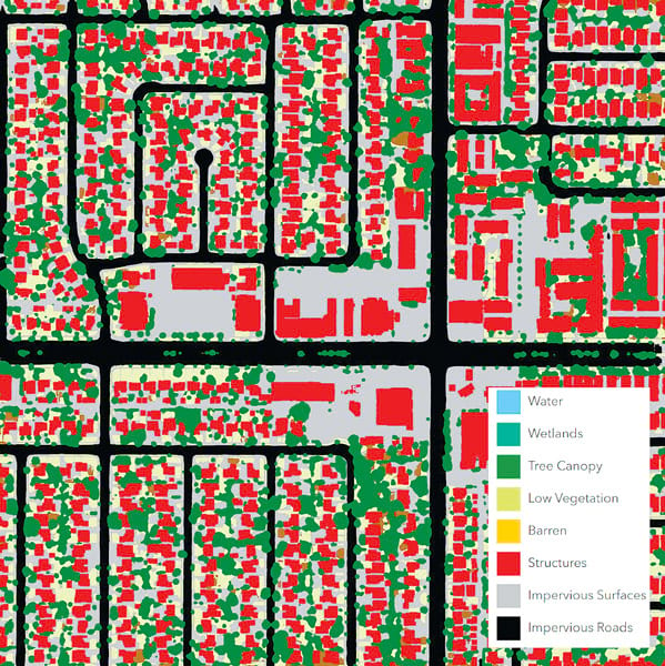 A map showing structures in red, tree canopy in green, impervious roads in black, and impervious surfaces in gray