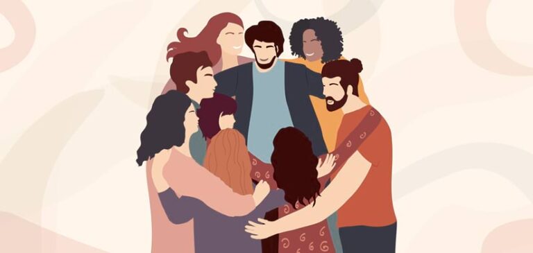 A drawing of nine people with a variety of physical characteristics standing in a circle in a group embrace.