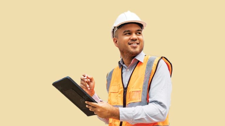 A man in a high-visibility vest and hard hat using a tablet who represents the Mobile Worker user type