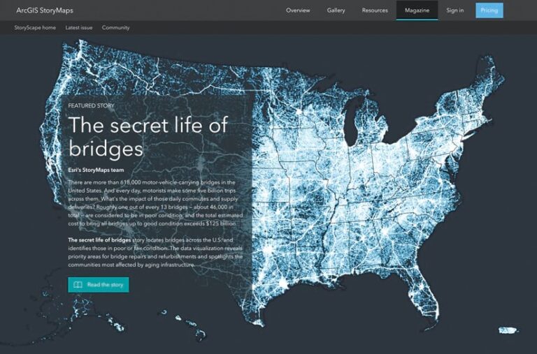 The feature story of a recent StoryScape issue, showing the headline “The secret life of bridges,” along with a description of the story, all placed on a background of a map of the United States with all its bridges highlighted in blue